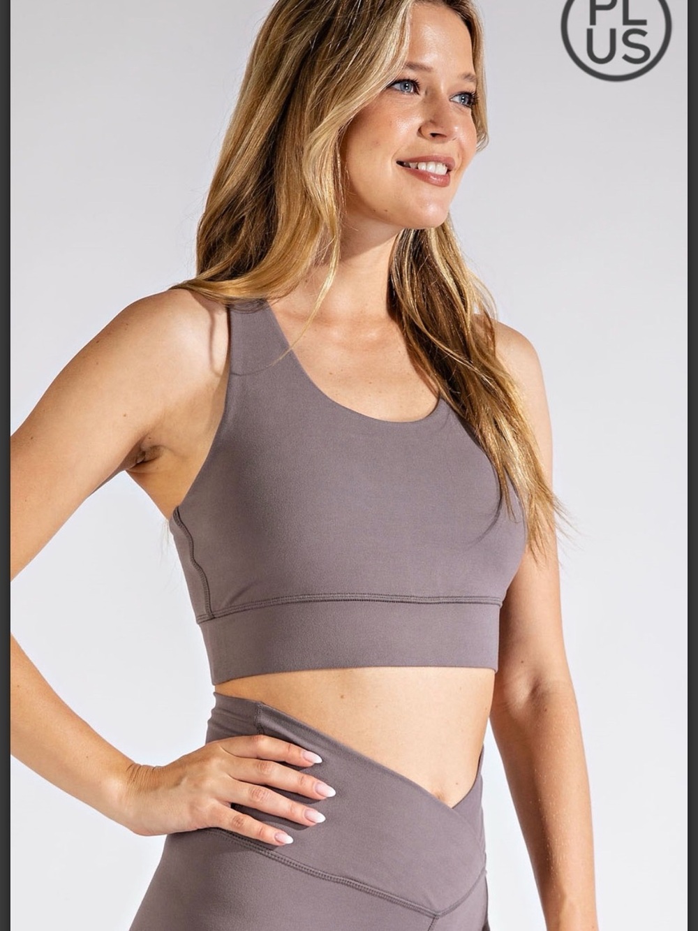PLUS SCOOP BUTTERY YOGA RACERBACK SPORTS BRA W/REMOVABLE CUPS SMOKEY GREY 1X-3X